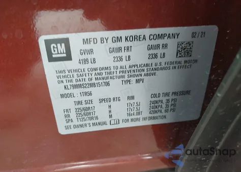 2021 Chevrolet Trailblazer Fwd Ls z USA, uszkodzony, nr VIN KL79MMS22MB151706